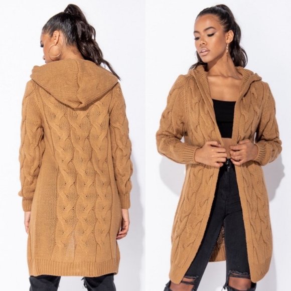 Sweaters - Brown Cable Knit Long Sleeve Open Front Hoodie Hooded Midi Cardigan Sweater